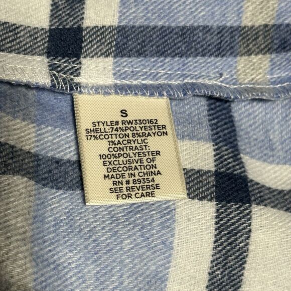 No Comment Hooded Flannel Shirt Women’s Size Small Blue Plaid Button Down - Picture 6 of 6